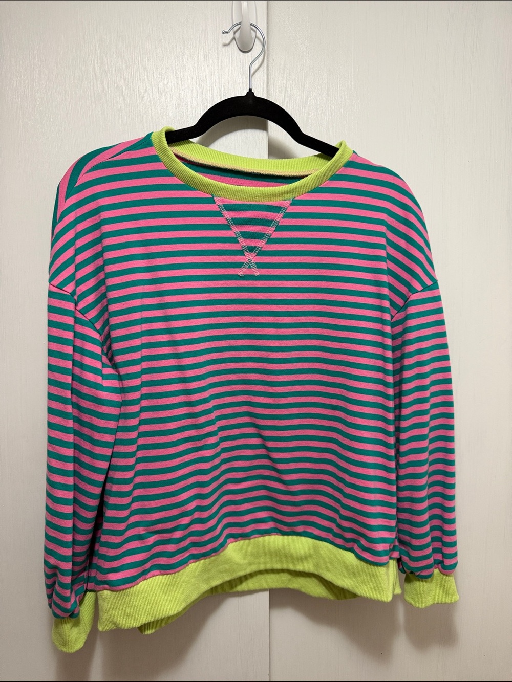 Neon Lime Trim Pink & Teal Striped Long Sleeve Top